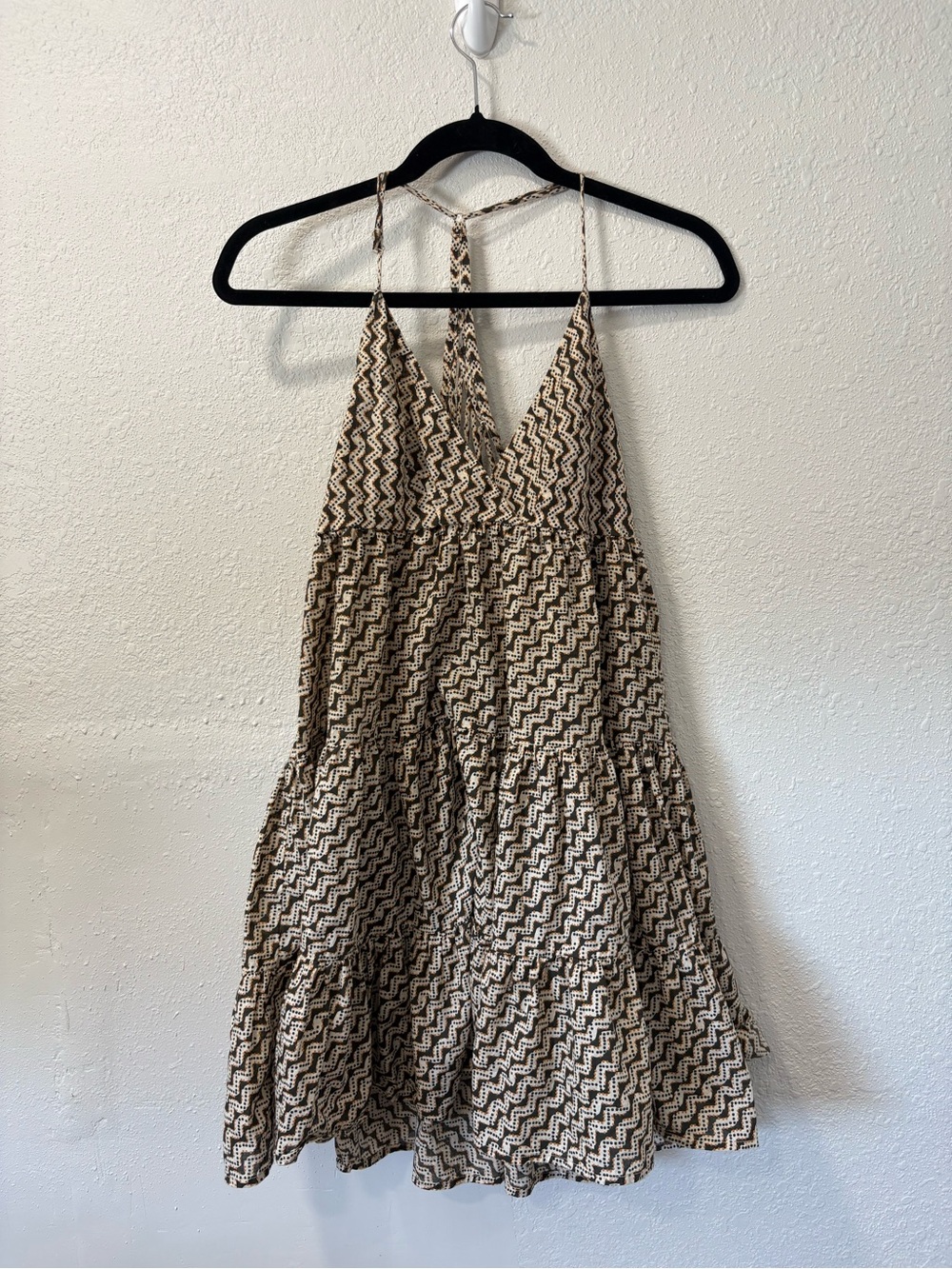 Urban Outfitters V-Neck Tiered Mini Dress in Beige and Black